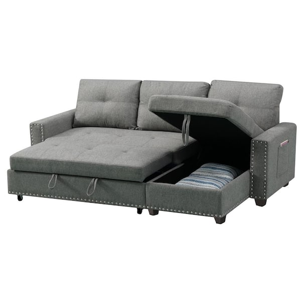 J&E Home 85 in. W Gray Polyester Full Size 3 Seats Reversible Pull Out Sleeper Sectional Storage Sofa Bed with 2-Side Pockets