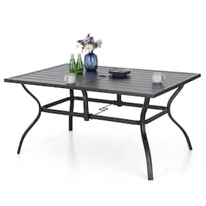 Black Metal Outdoor Patio Dining Table for 6, All Weather Rectangle Bistro Dining Table with 1.57 in. Umbrella Hole
