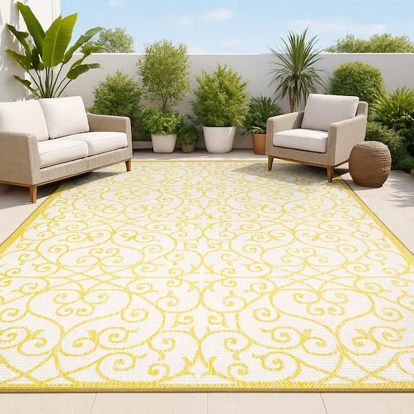 Madrid Vintage Filigree Textured Weave Cream/Yellow 9 ft. x 12 ft. Indoor/Outdoor Area Rug