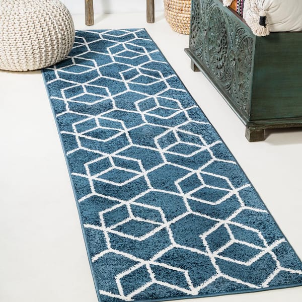 Tumbling Blocks Modern Geometric Navy/White 2 ft. x 8 ft. Area Rug