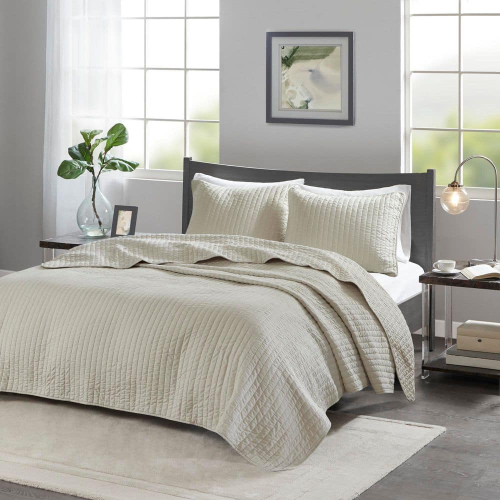 Beige Twin Reversible Microfiber Quilt Set
