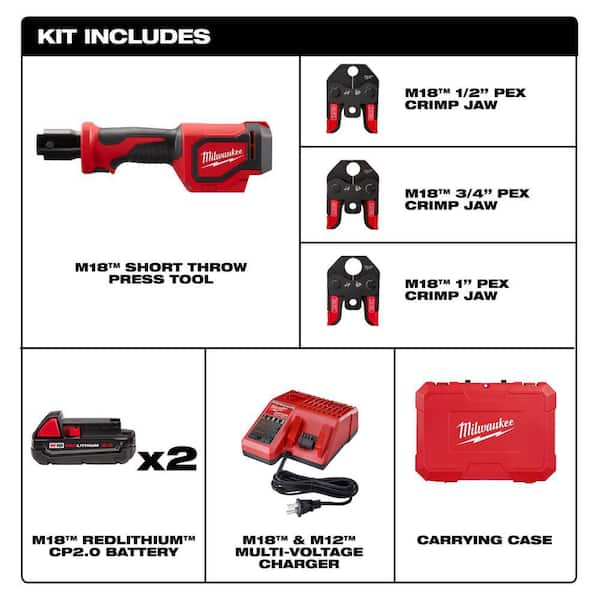 Milwaukee M18 18-Volt Lithium-Ion Cordless Short Throw Press Tool Kit with  PEX Crimp Jaws with M18 FUEL HACKZALL Saw Kit 2674-22C-2719-21 The Home  Depot