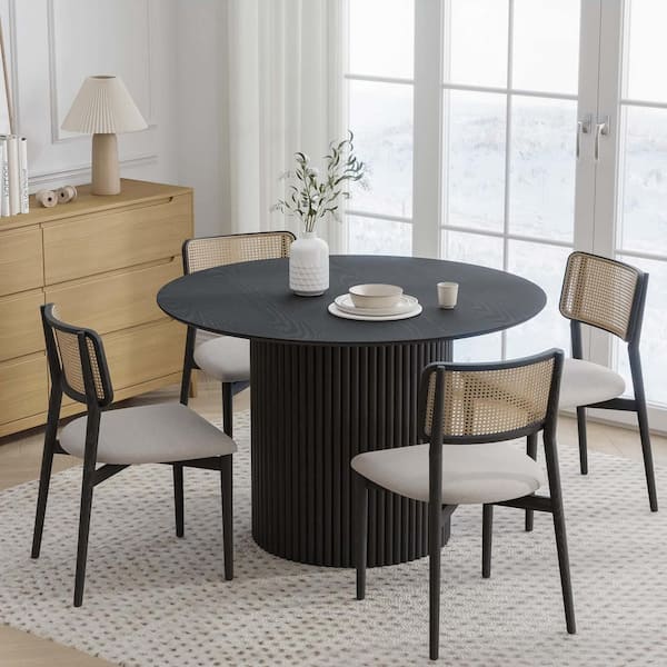 Cylindrical Black Colored Wood 46" Column Base Under Beveled Cut Edge Dining Table for 4