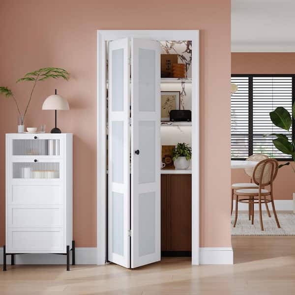 28 in. x 80 in. 3 Lite Tempered Frosted Glass Solid Core White Finished MDF Bi-fold Door with Hardware Kit