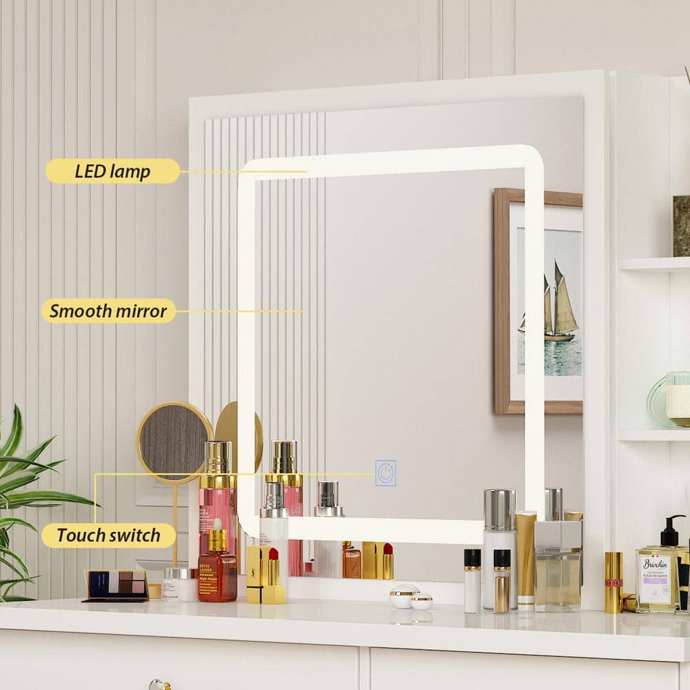 5-Drawers White Wood LED Push-Pull Mirror Makeup Vanity Sets Dressing Table Sets with Stool and 3-Tier Storage Shelves - thumbnail 8