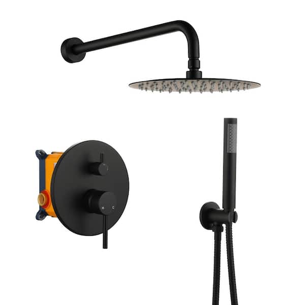 Boyel Living 1-Spray 10 in. Round Wall Mount Fixed and Handheld Shower Head 1.8 GPM with Pressure Balance Valve in Matte Black