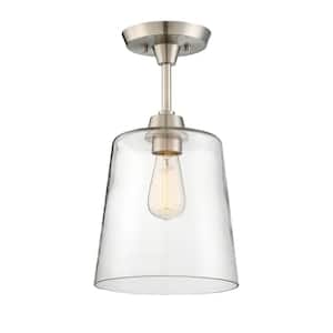 10 in. W x 17 in. H 1-Light Brushed Nickel Semi-Flush Mount Ceiling Light with Clear Glass Shade