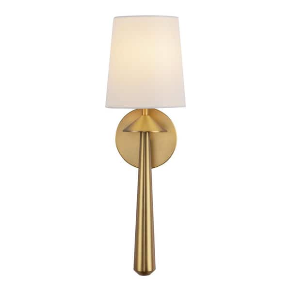 Bridgette 16 in. 1-Light 60-Watt Brushed Gold/White Linen Vanity Light