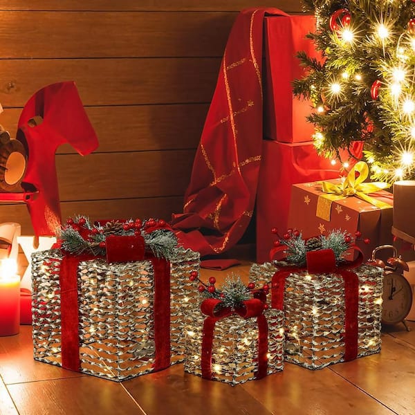 LuxenHome 12 in. 3-Piece Plastic Rattan Gift Box Set with Red