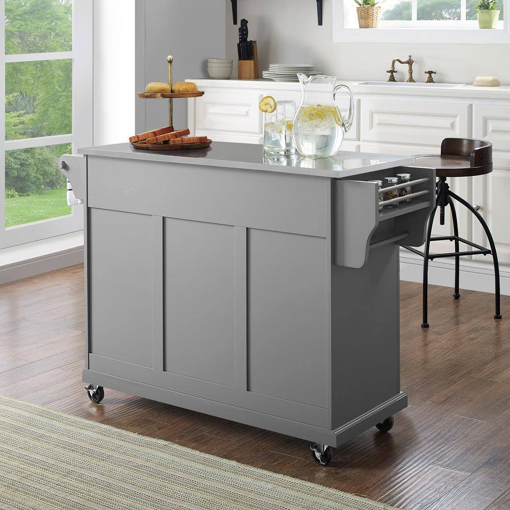 Gray Stainless Steel Top Rectangular Kitchen Cart with Storage