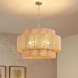 32 in. 6-Light Gold 3-Tier Handwoven Rope Chandelier with Adjustable Hanging Chain for Dining Room Living Room Foyer