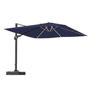 11FT Square Cantilever Patio Umbrella with LED Light in Navy Blue(with Base)