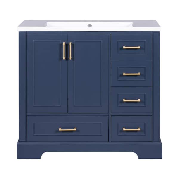 36 in. W x 18 in. D x 34 in. H Single Sink Freestanding Bath Vanity in Blue with White Resin Top and 4 Drawer