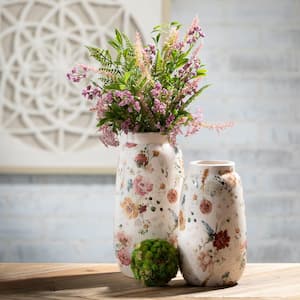 12.75 in. and 10.5 in. White and Pink Elegant Blossom Pattern Vases - (Set of 2)