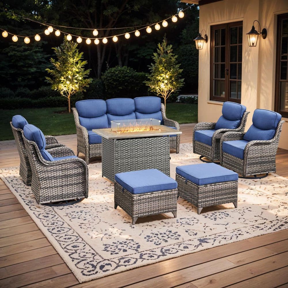 Holion 8-Piece Gray Wicker Rectangle Fire Pit Patio Conversation Sofa Seating Sets with Blue Cushions and Rocking Chairs price history on PriceWatchPro