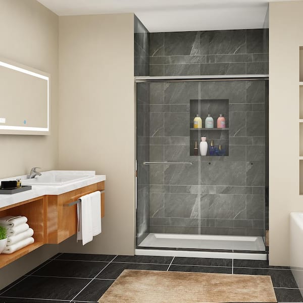 54 in. W x 72 in. H Semi-Frameless Glass Bypass 2 Way Sliding Shower Doors, Clear Glass in Brushed Nickel