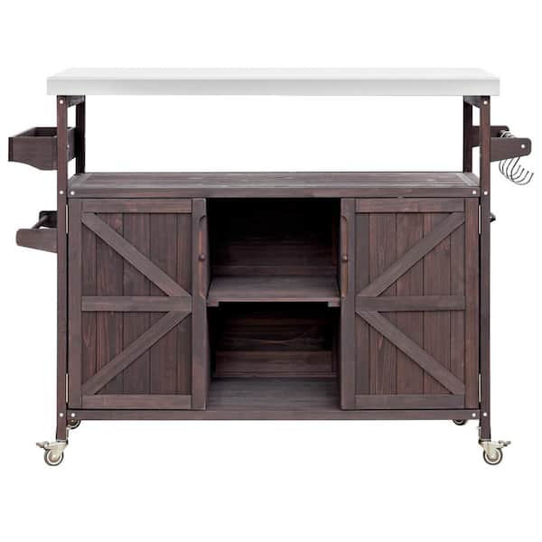 Unbranded Dark Brown Wood Patio Outdoor Bar, Rolling Bar Cart and Storage Cabinet with Stainless Steel Top for Kitchen, Barbecue