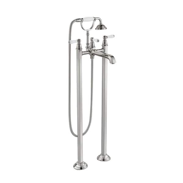 3-Handle Freestanding Floor Mount Claw Foot Tub Faucet with Hand Shower in Brushed Nickel Finish