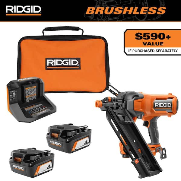 18V (2) 4.0 Ah Batteries and Charger Kit with 18V Brushless Cordless 30° Framing Nailer