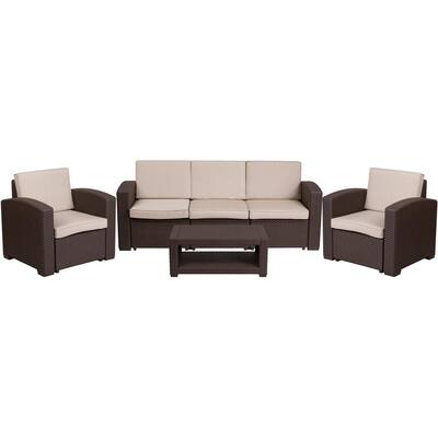 4-Piece Faux Rattan Outdoor Chair, Sofa and Table Set in Chocolate Brown