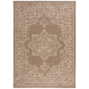 Courtyard Brown/Beige 8 ft. x 11 ft. Border Ornate Indoor/Outdoor Area Rug