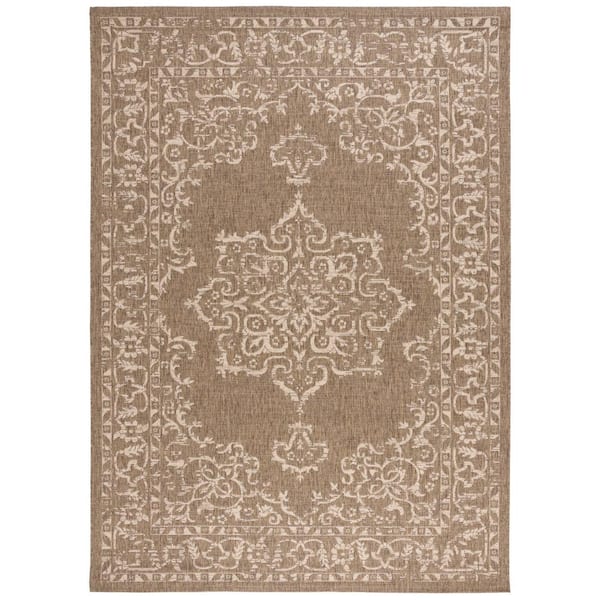 Courtyard Brown/Beige 8 ft. x 11 ft. Border Ornate Indoor/Outdoor Area Rug