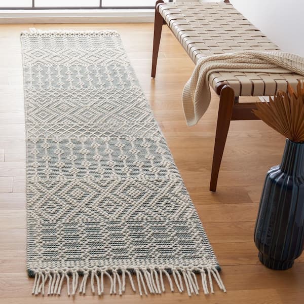 Natura 2 ft. x 10 ft. Green Geometric Tribal Runner Rug