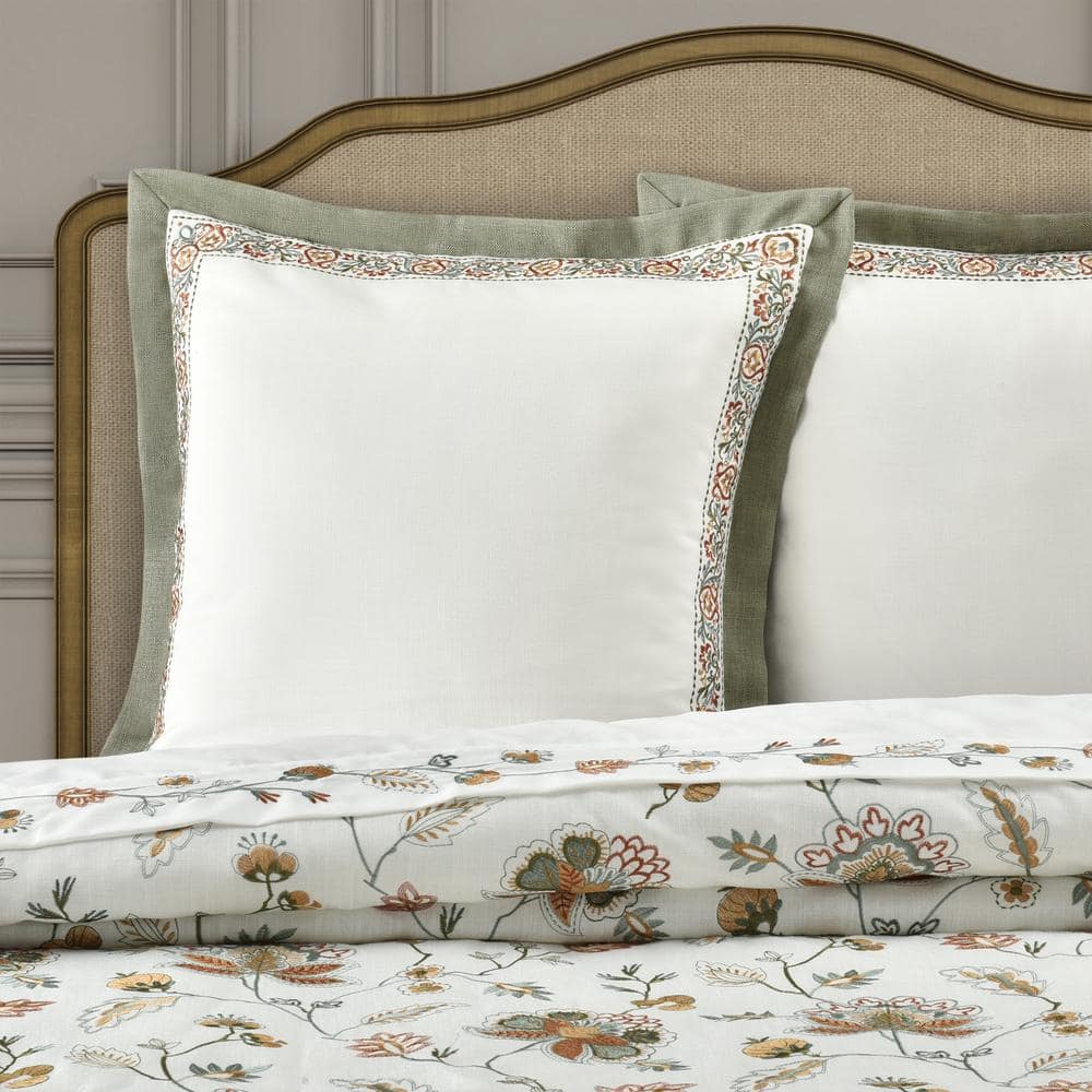 Cream and Sage Embroidered Euro Sham with Faux Linen
