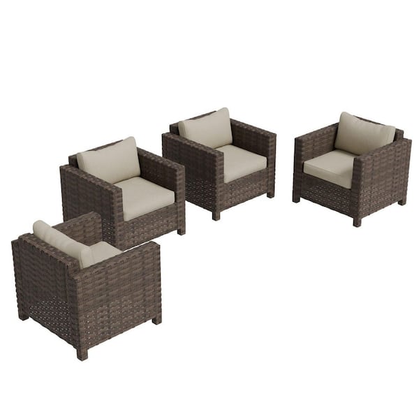 Patio Brown Wicker Outdoor Lounge Chair with Beige Cushions (4-Pack)