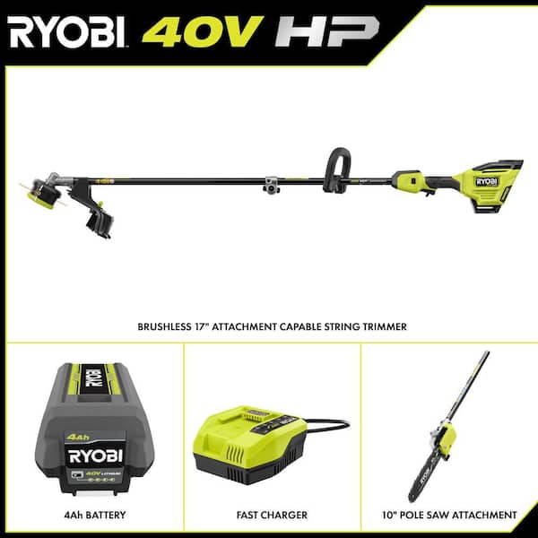 40V HP Brushless Whisper Series 17" Cordless Attachment Capable String Trimmer w/ 10" Pole Saw, 4 Ah Battery, & Charger