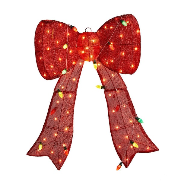 35.75 in. H Lighted Christmas 3D Fabric Bow with Colorful Bulbs Outdoor Decor with 95 Warm White LED Lights