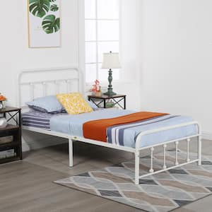 Victorian Bed Frame White, Heavy Duty Metal Bed Frame, Twin Platform Bed with Headboard，No Box Spring Needed