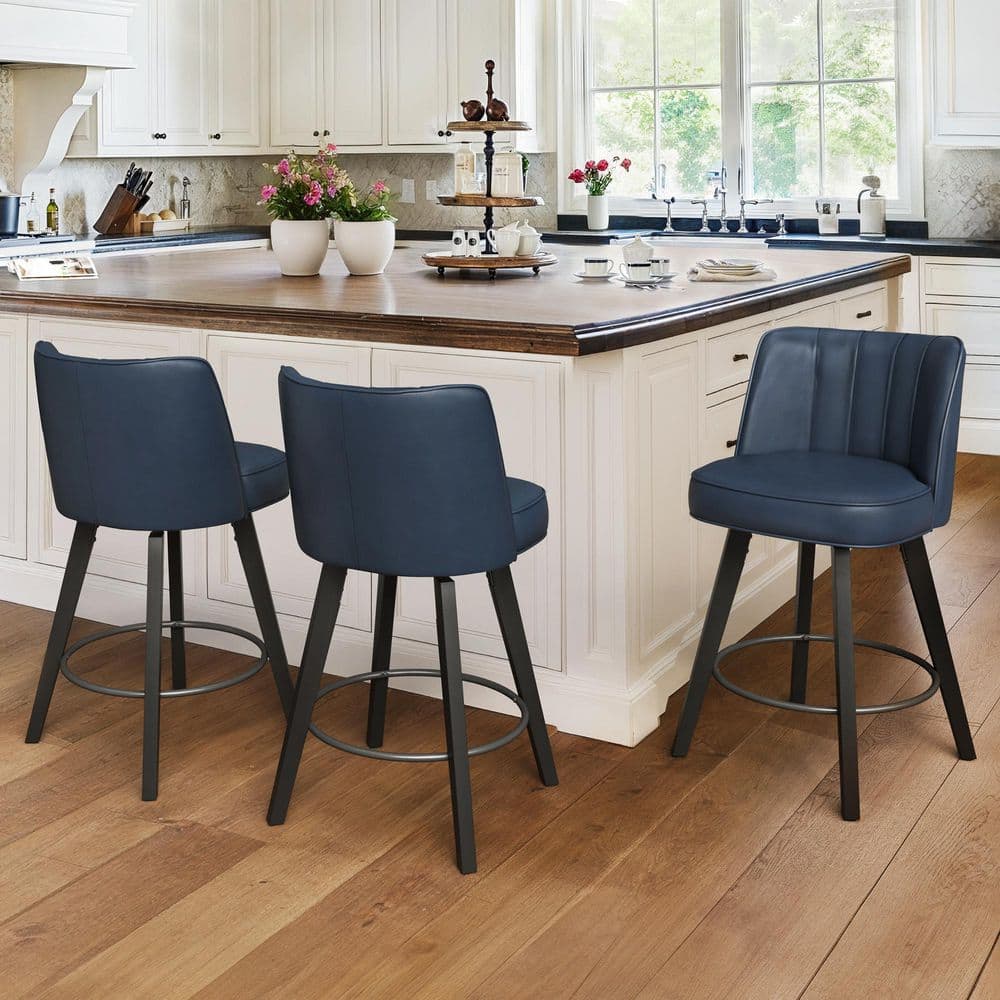 26 in.High Back Blue Faux Leather Solid Wood Frame Swivel Bar Stool Modern Counter Height Stool(set of 3) price history on PriceWatchPro