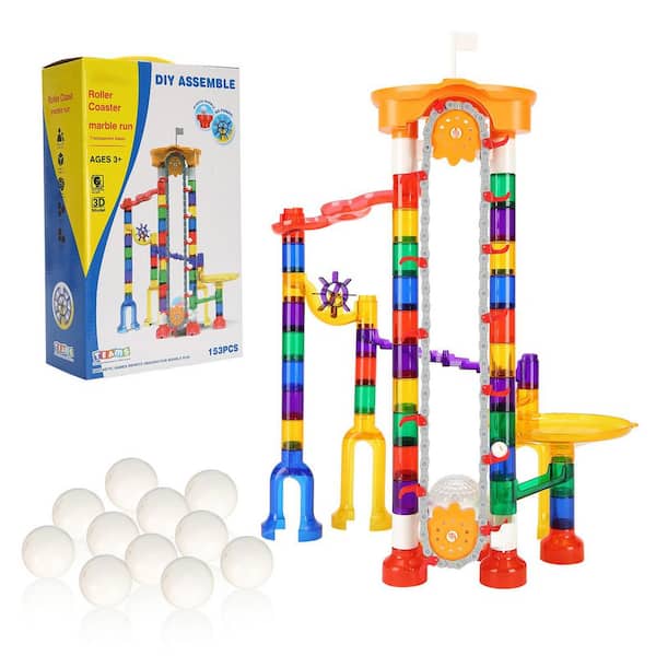 SKYSHALO Marble Run Set 153-Piece with Motorized Elevator with 30 Plastic Marbles Marble Maze Building Block Brain Game