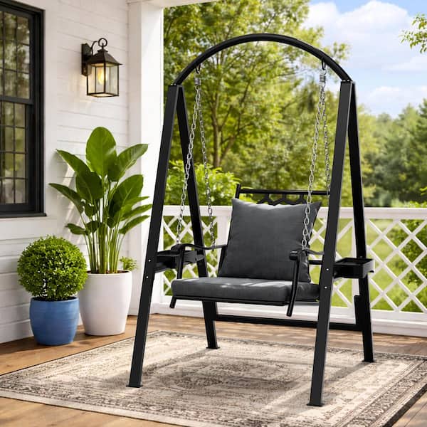 PamaPic 1-Person Black Porch Swing with Heavy-Duty Metal Frame