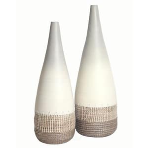 Spun White Bamboo and Coiled Seagrass Patterned Vase (Set of 2 Sizes)