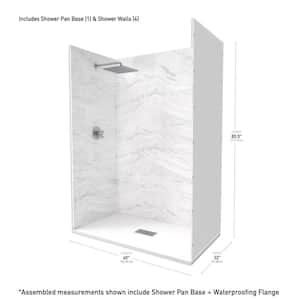 60 in. x 32 in. x 84 in. Alcove Solid Composite Stone Shower Kit - Sierra L Shower Walls and Ctr WH Sand Shower Pan Base