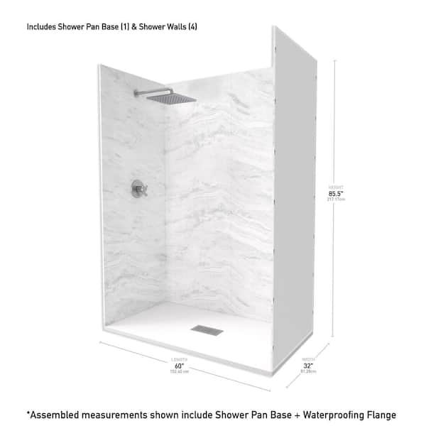 60 in. x 32 in. x 84 in. Alcove Solid Composite Stone Shower Kit - Sierra L Shower Walls and Ctr WH Sand Shower Pan Base