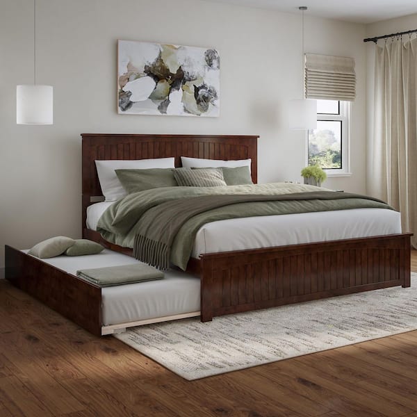 AFI Nantucket Walnut Brown Solid Wood Frame King Platform Bed with Matching Footboard and Twin XL Trundle