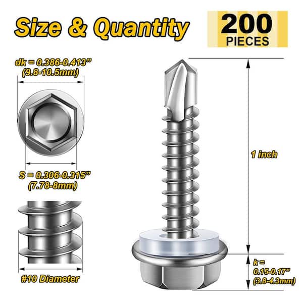 #10 x 1 in. Stainless Steel Hex Washer Head Self Drilling Sheet Metal Screws (200-Pack)