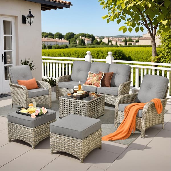 Ruby 6-Piece Wicker Outdoor Furniture Patio Conversation Sofa Set with a Solar-LED Coffee Table and Dark Grey Cushions