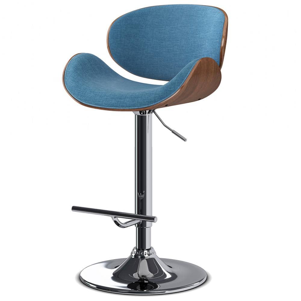 Blue Linen Adjustable Swivel Bar Stool with Wood Accents