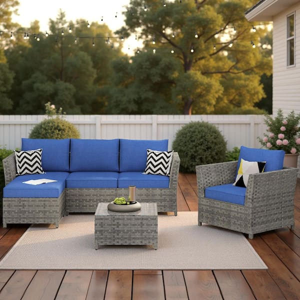 XIZZI Bella Gray 6-Piece Wicker Outdoor Sectional Set with Navy Blue Cushions