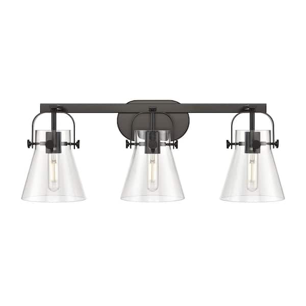 Innovations Pilaster II Cone 26.5 in. 3-Light Matte Black Vanity Light with Glass Shade