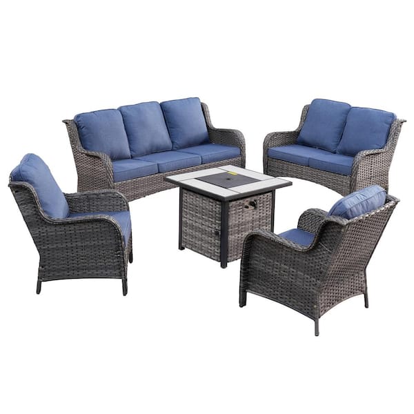 XIZZI Vincent Gray 5-Piece Wicker Patio Fire Pit Outdoor Seating Sofa Set and with Denim Blue Cushions