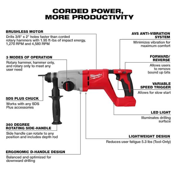 Milwaukee - M18 18V Lithium-Ion Brushless Cordless 1 in. SDS-Plus D-Handle Rotary Hammer w/M18 Dual Battery Blower & (2) Batteries