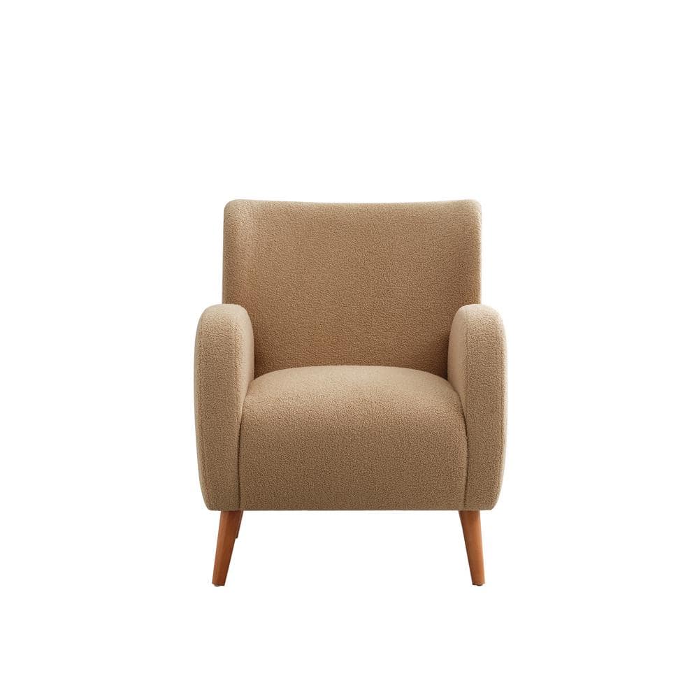 Camel Boucle Upholstered Barrel Accent Chair with Wood Legs