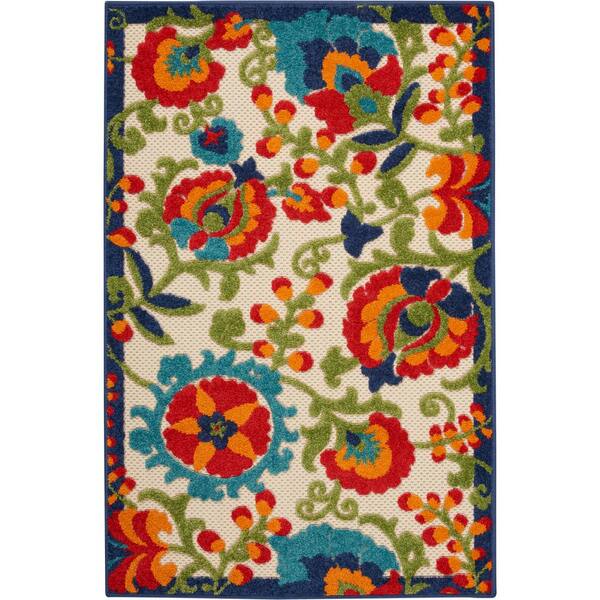 Nourison Aloha Multicolor 3 ft. x 4 ft. Floral Modern Indoor/Outdoor Patio Kitchen Area Rug