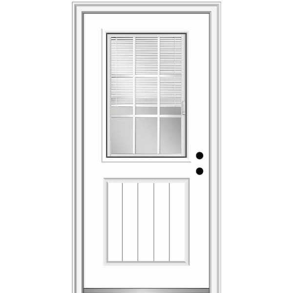 MMI DOOR 32 in. x 80 in. Internal Blinds and Grilles Left-Hand 1/2 Lite 1-Panel Clear Primed Fiberglass Smooth Prehung Front Door