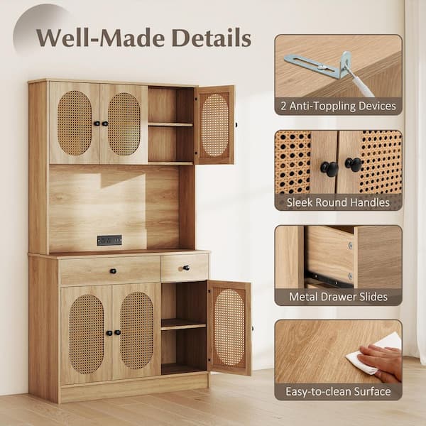 Gymax Natural Kitchen Pantry Cabinet with Charging Station 71 in